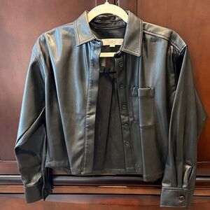 LOFT Black Faux Leather Cropped Button Up Shirt